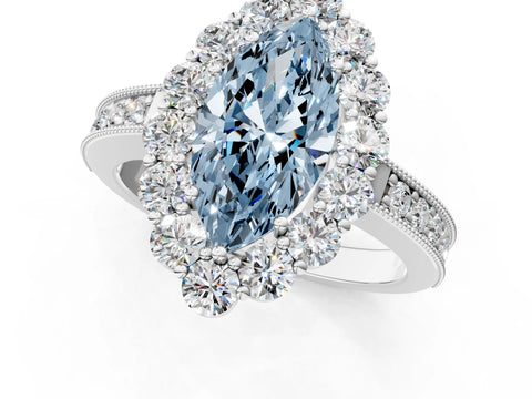 White gold Fancy Blue Marquise Cut Cut Halo Diamond Pavé Engagement Ring with Milgrain Detailing_13
