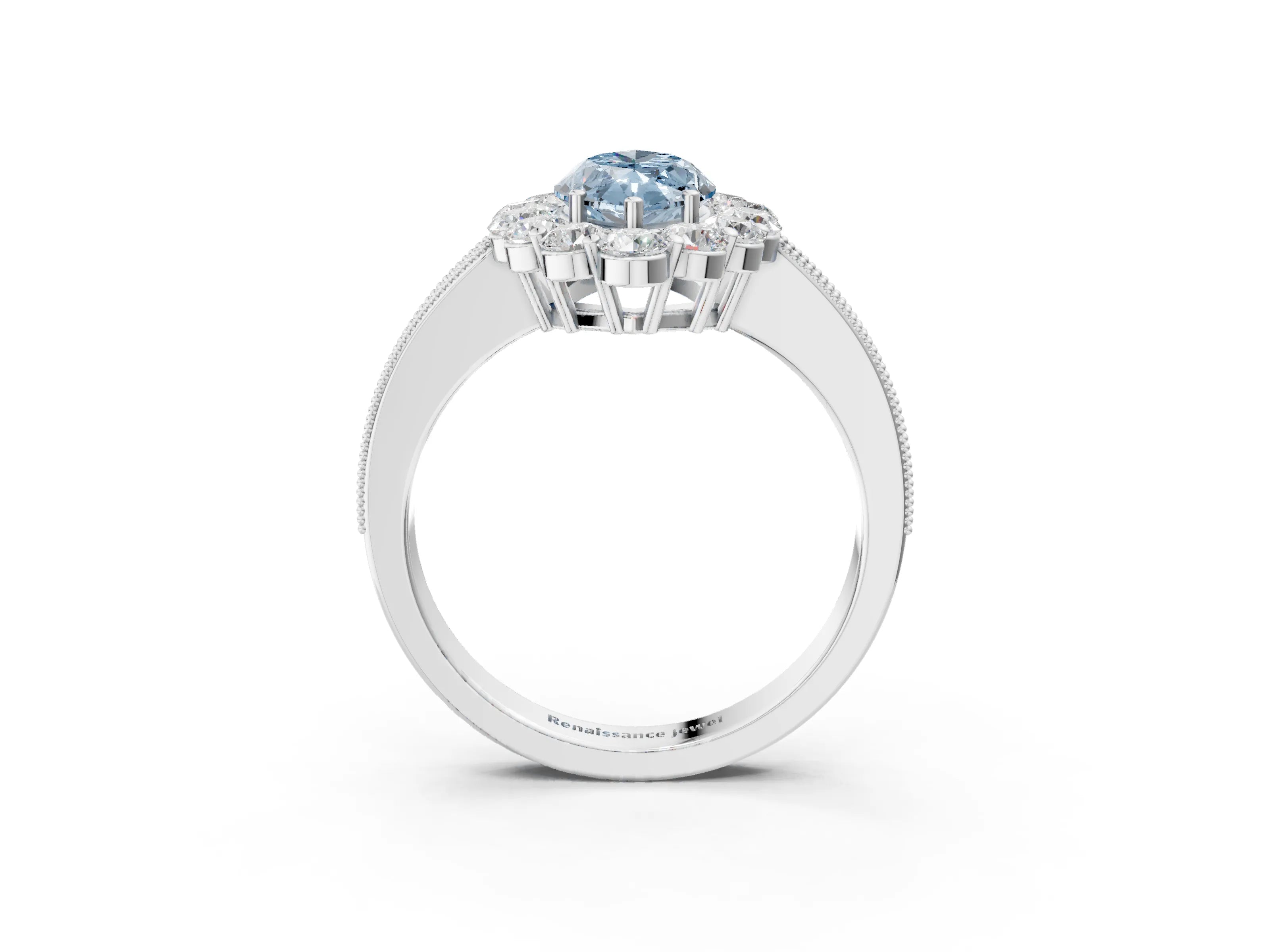 White gold Fancy Blue Marquise Cut Cut Halo Diamond Pavé Engagement Ring with Milgrain Detailing_15