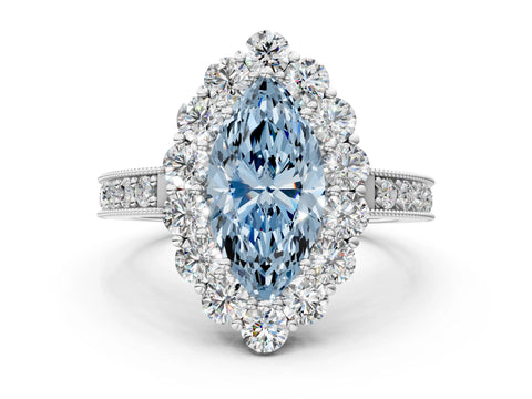 White gold Fancy Blue Marquise Cut Cut Halo Diamond Pavé Engagement Ring with Milgrain Detailing_18