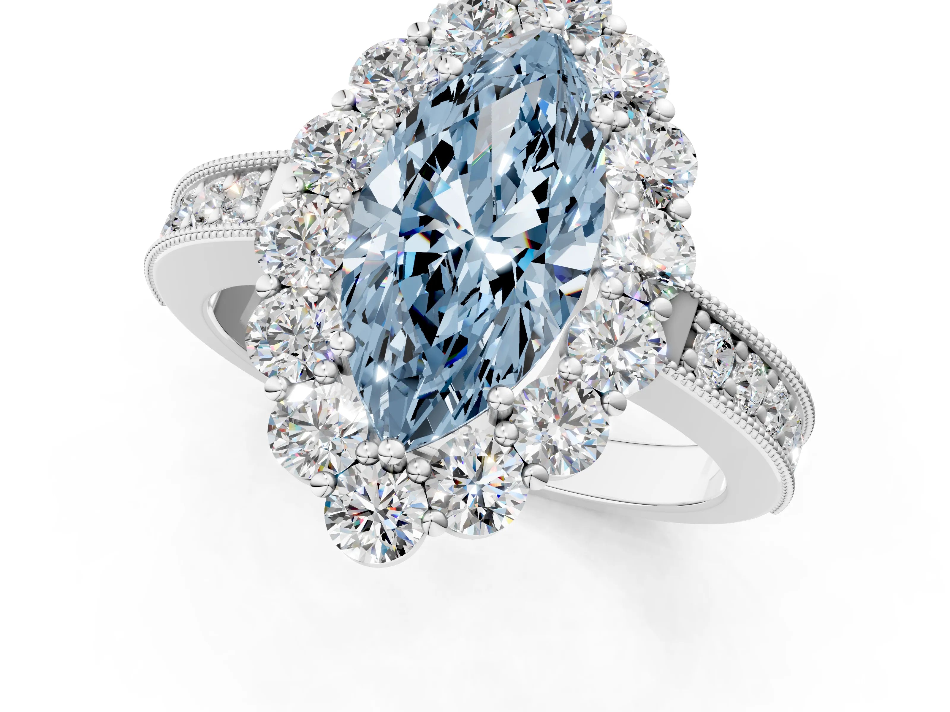 White gold Fancy Blue Marquise Cut Cut Halo Diamond Pavé Engagement Ring with Milgrain Detailing_19