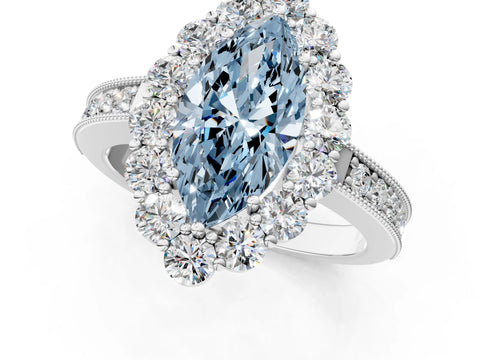 White gold Fancy Blue Marquise Cut Cut Halo Diamond Pavé Engagement Ring with Milgrain Detailing_19