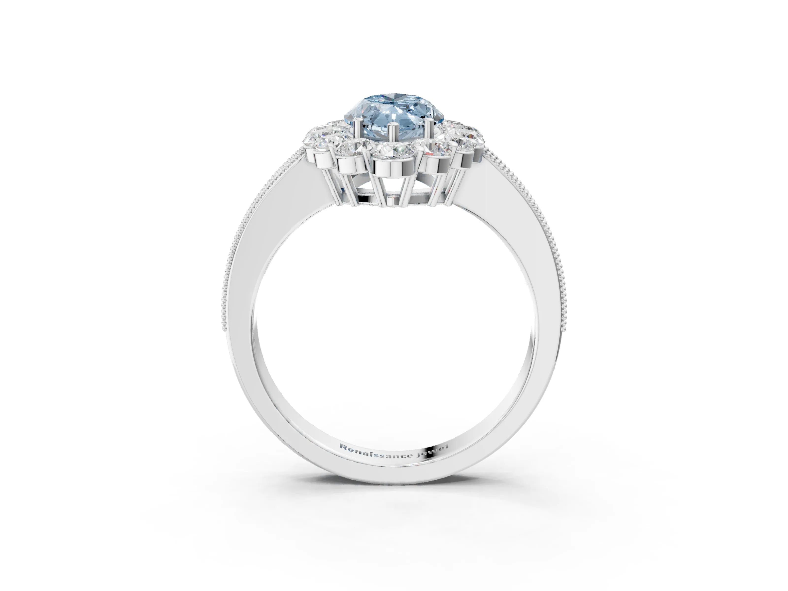 White gold Fancy Blue Marquise Cut Cut Halo Diamond Pavé Engagement Ring with Milgrain Detailing_21