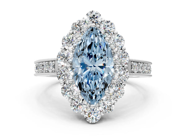 Platinum Fancy Blue Marquise Cut Cut Halo Diamond Pavé Engagement Ring with Milgrain Detailing