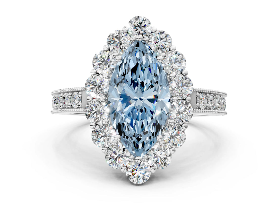 White gold Fancy Blue Marquise Cut Cut Halo Diamond Pavé Engagement Ring with Milgrain Detailing_36