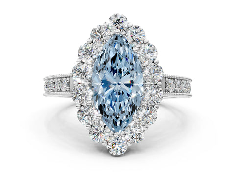 White gold Fancy Blue Marquise Cut Cut Halo Diamond Pavé Engagement Ring with Milgrain Detailing_36