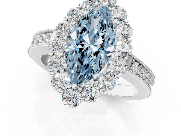 Platinum Fancy Blue Marquise Cut Cut Halo Diamond Pavé Engagement Ring with Milgrain Detailing