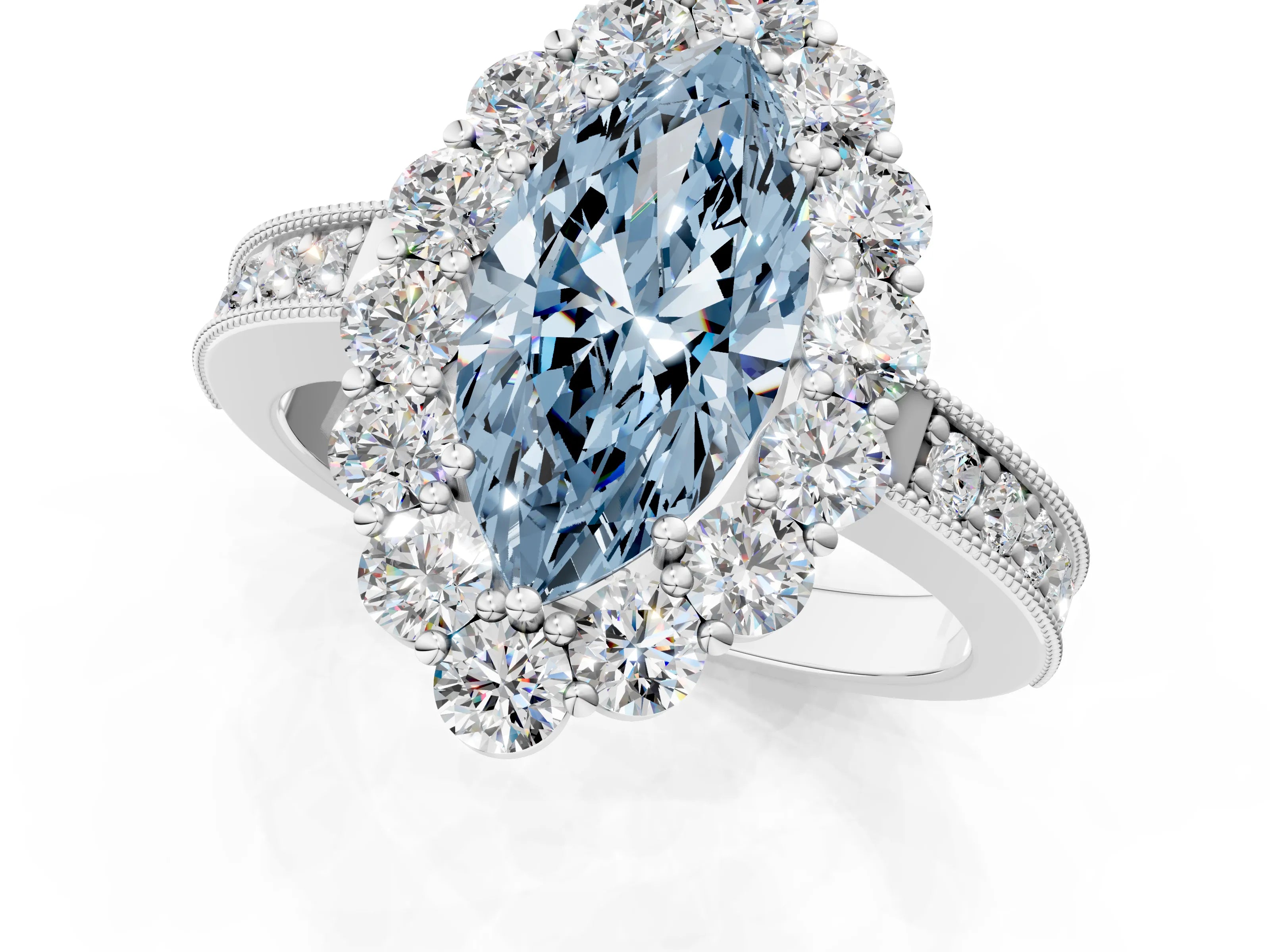 White gold Fancy Blue Marquise Cut Cut Halo Diamond Pavé Engagement Ring with Milgrain Detailing_37
