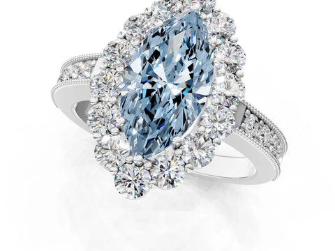 White gold Fancy Blue Marquise Cut Cut Halo Diamond Pavé Engagement Ring with Milgrain Detailing_37