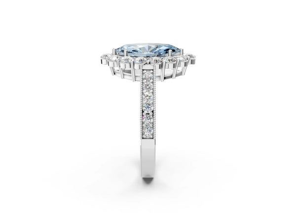 Platinum Fancy Blue Marquise Cut Cut Halo Diamond Pavé Engagement Ring with Milgrain Detailing