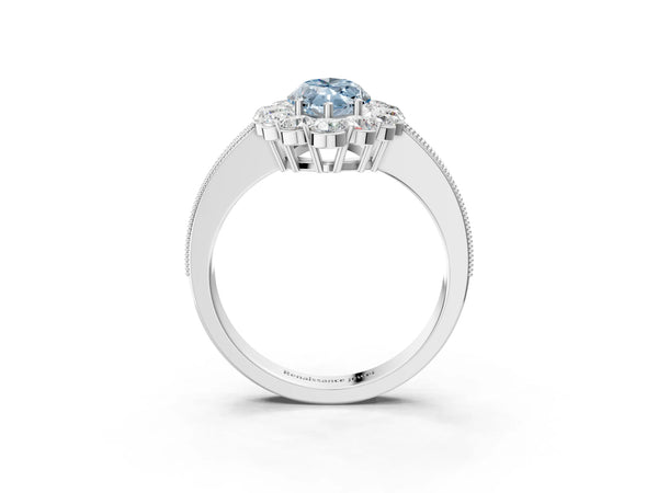 Platinum Fancy Blue Marquise Cut Cut Halo Diamond Pavé Engagement Ring with Milgrain Detailing