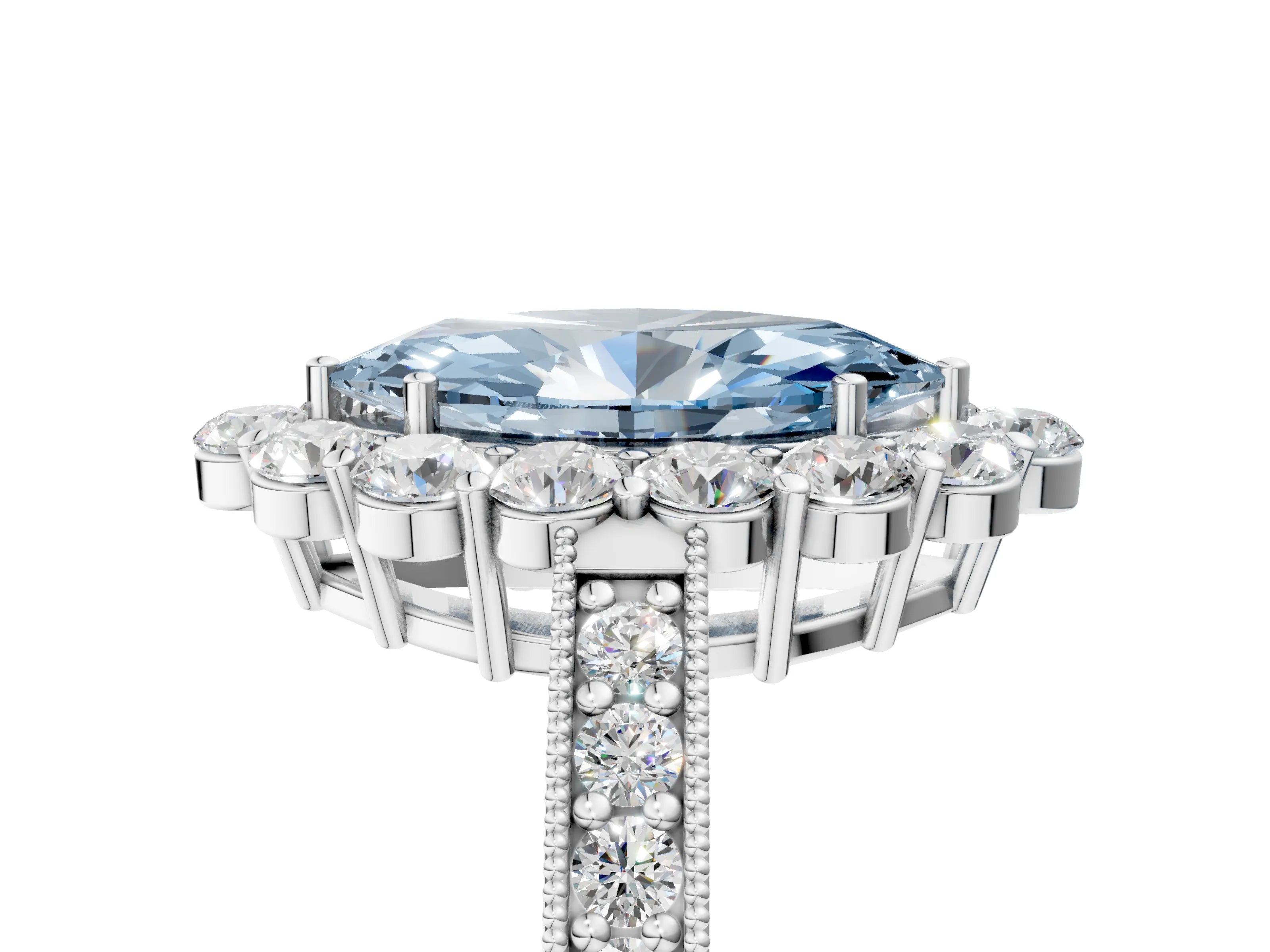 White gold Fancy Blue Marquise Cut Cut Halo Diamond Pavé Engagement Ring with Milgrain Detailing_41