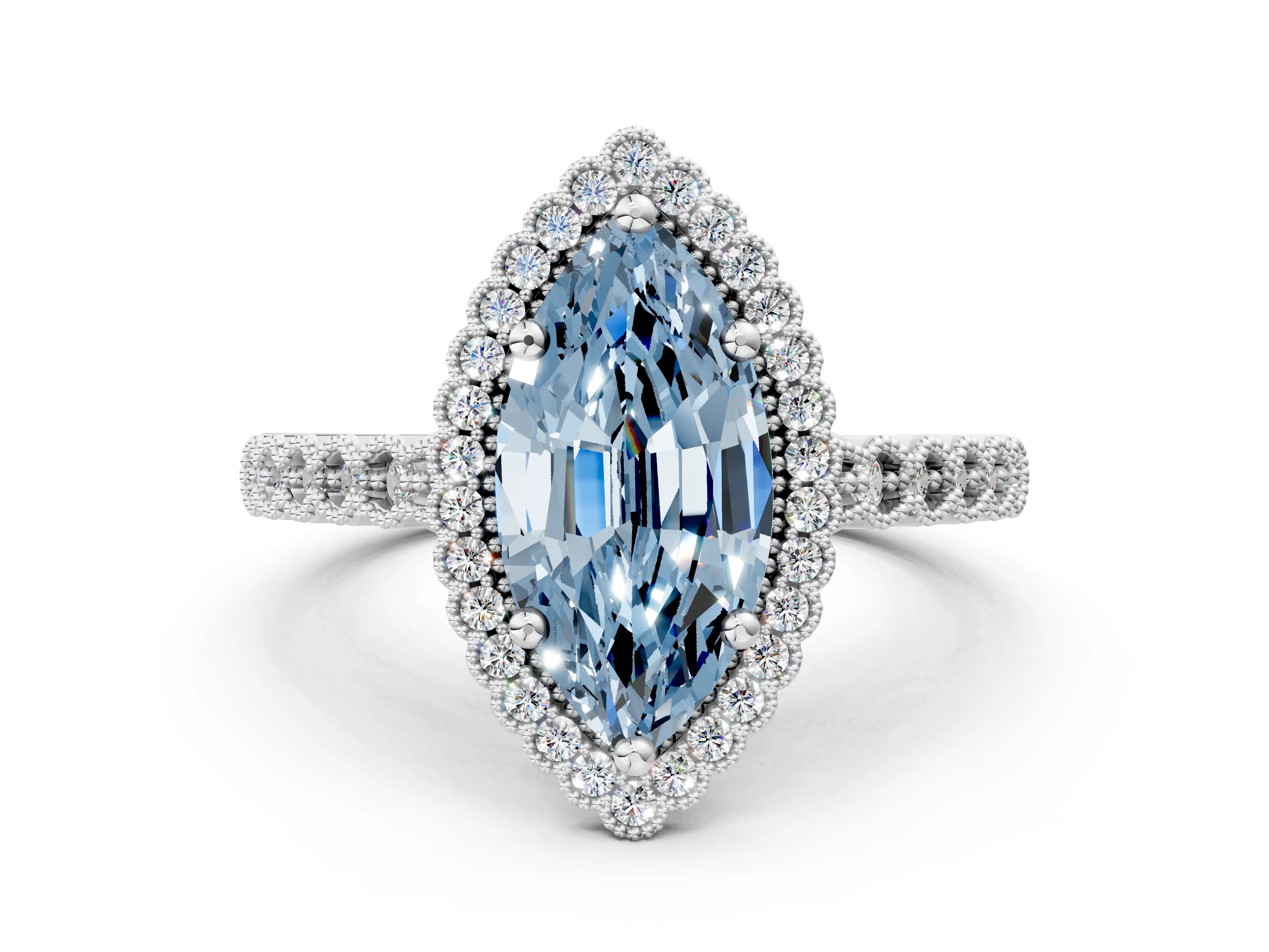 White gold Fancy Blue Marquise Cut Cut Halo Pavé Solitaire Ring with Milgrain Band_12