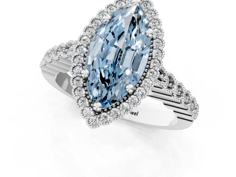 White gold Fancy Blue Marquise Cut Cut Halo Pavé Solitaire Ring with Milgrain Band_13