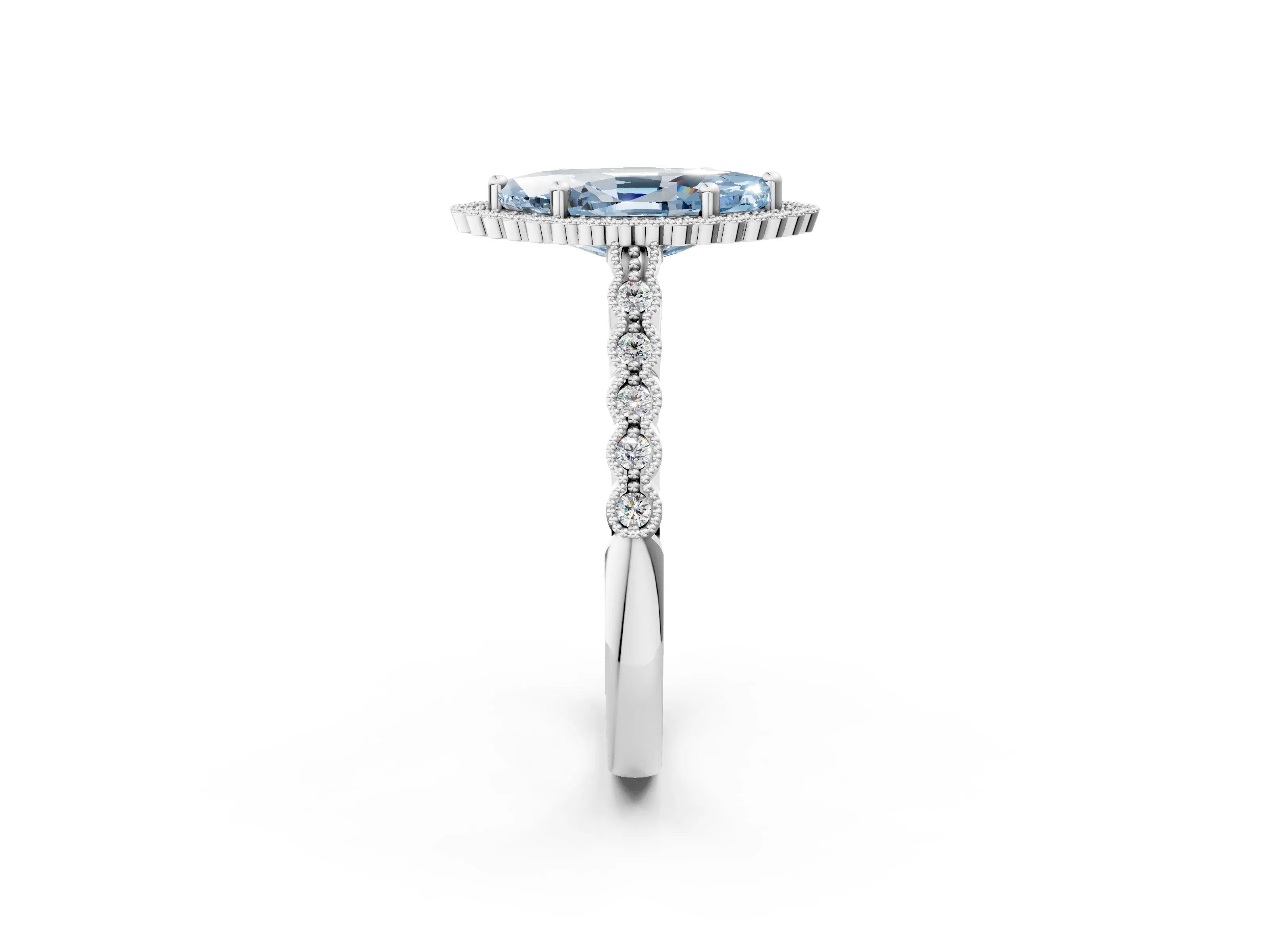 White gold Fancy Blue Marquise Cut Cut Halo Pavé Solitaire Ring with Milgrain Band_14