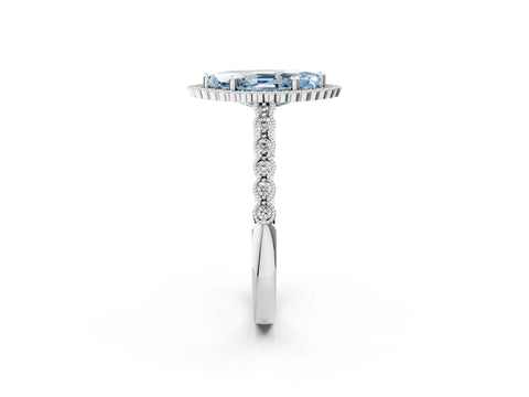 White gold Fancy Blue Marquise Cut Cut Halo Pavé Solitaire Ring with Milgrain Band_14