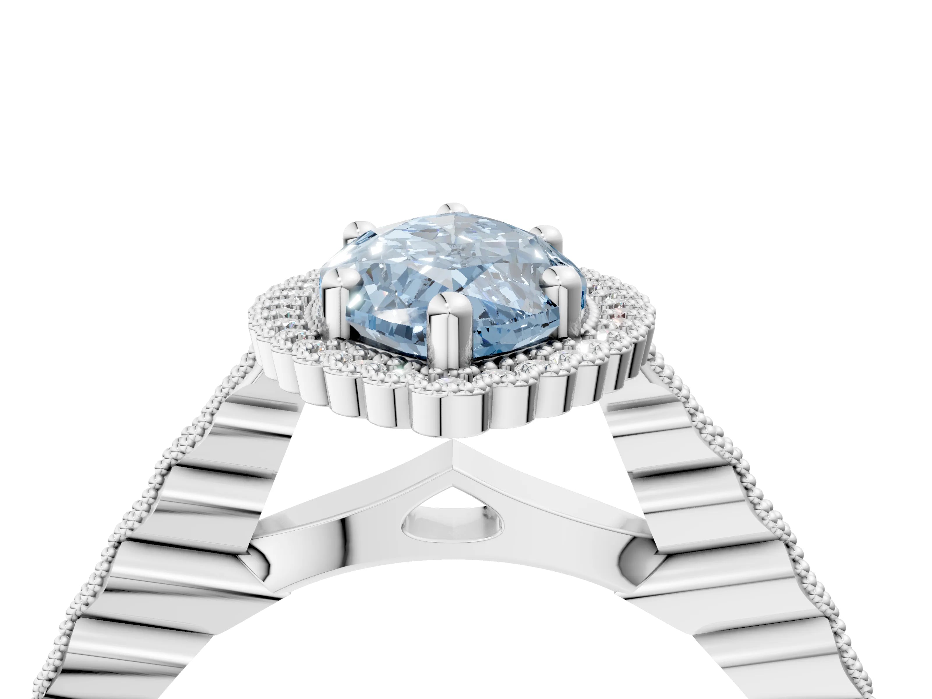 White gold Fancy Blue Marquise Cut Cut Halo Pavé Solitaire Ring with Milgrain Band_16