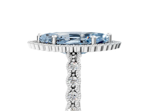 White gold Fancy Blue Marquise Cut Cut Halo Pavé Solitaire Ring with Milgrain Band_17
