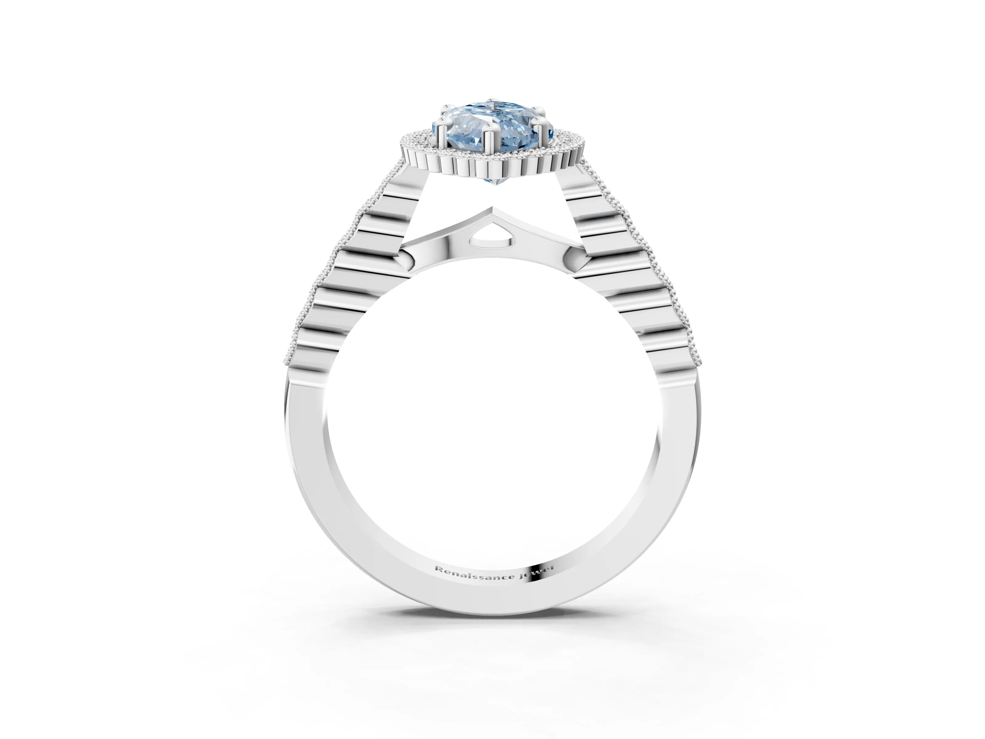 White gold Fancy Blue Marquise Cut Cut Halo Pavé Solitaire Ring with Milgrain Band_3