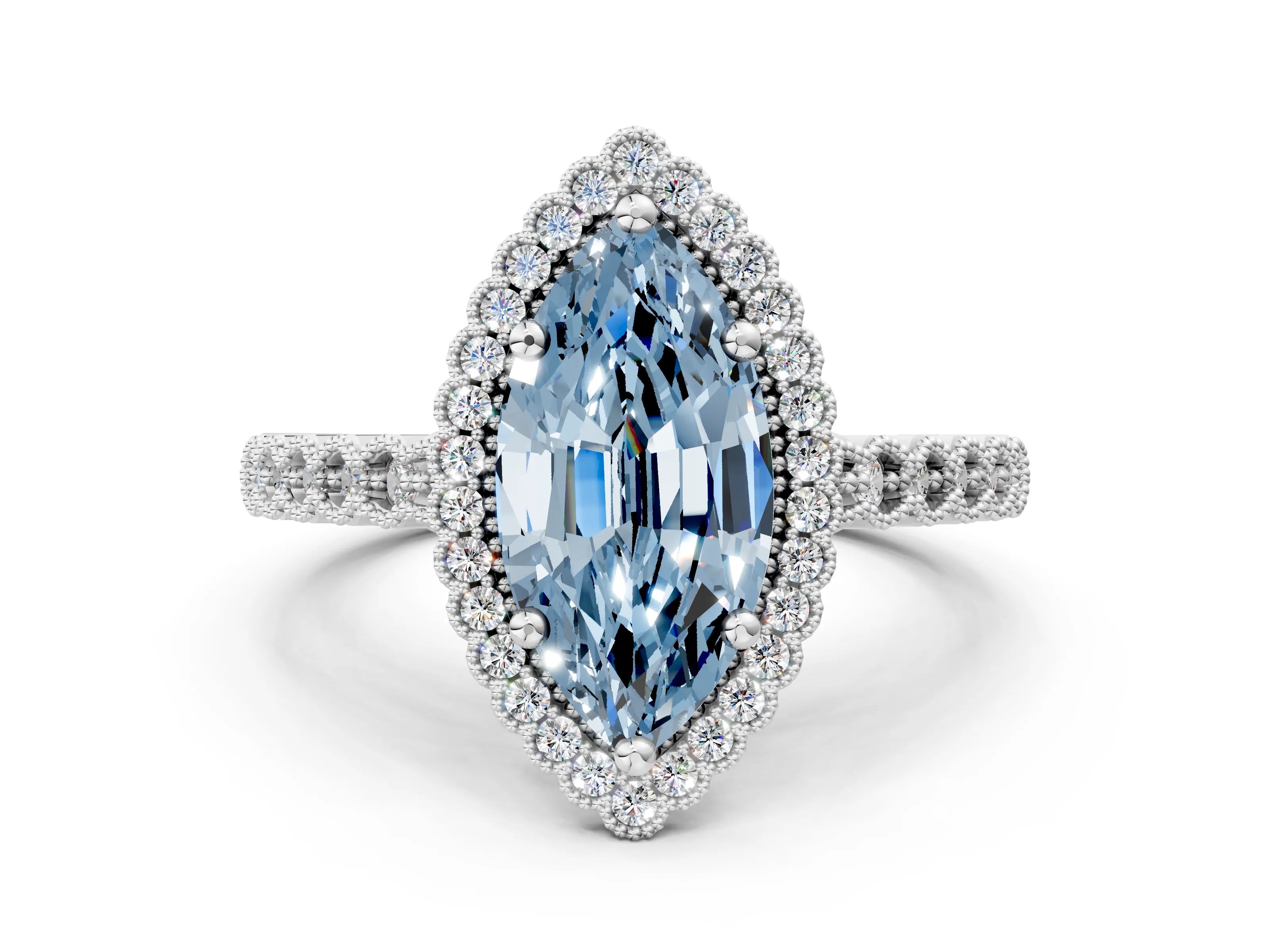 White gold Fancy Blue Marquise Cut Cut Halo Pavé Solitaire Ring with Milgrain Band