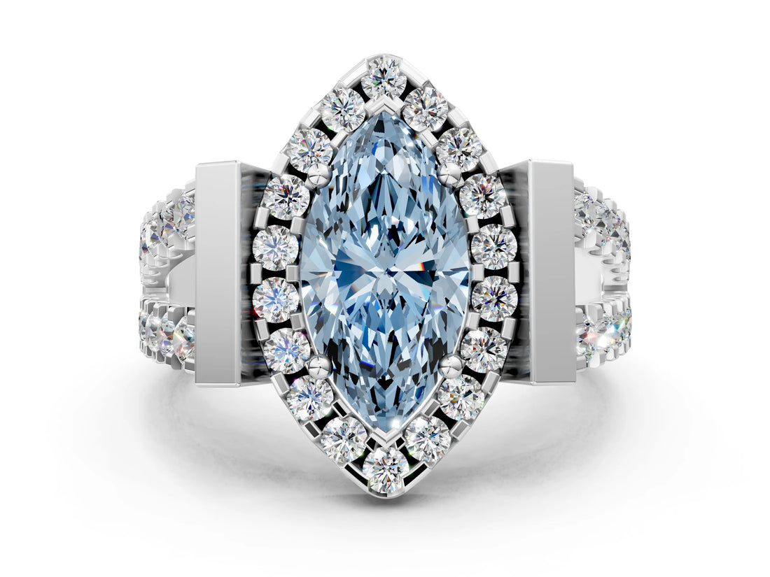 White gold Fancy Blue Marquise Cut Cut Halo Split Shank Prong Set Ring