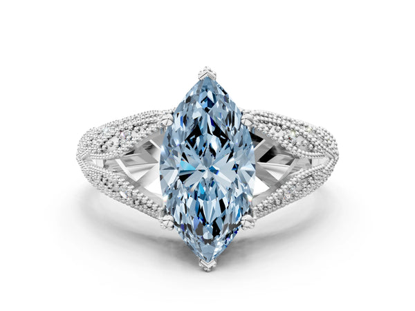 White gold Fancy Blue Marquise Cut Cut Milgrain Pave Diamond Engagement Ring with Four-Prong Setting