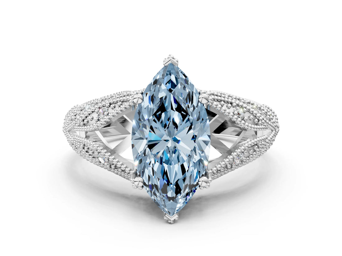 White gold Fancy Blue Marquise Cut Cut Milgrain Pave Diamond Engagement Ring with Four-Prong Setting_3