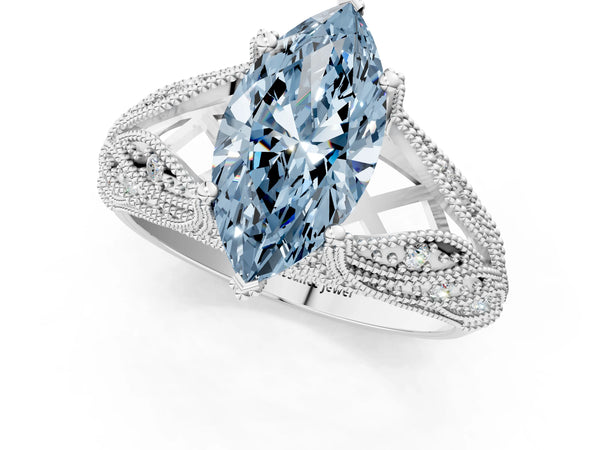 White gold Fancy Blue Marquise Cut Cut Milgrain Pave Diamond Engagement Ring with Four-Prong Setting