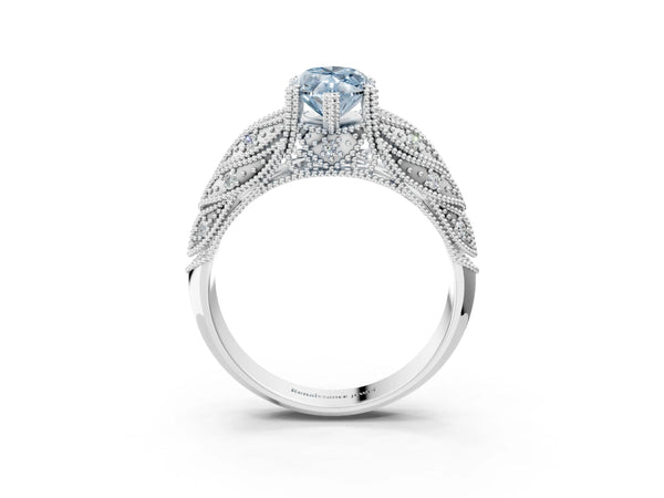 White gold Fancy Blue Marquise Cut Cut Milgrain Pave Diamond Engagement Ring with Four-Prong Setting