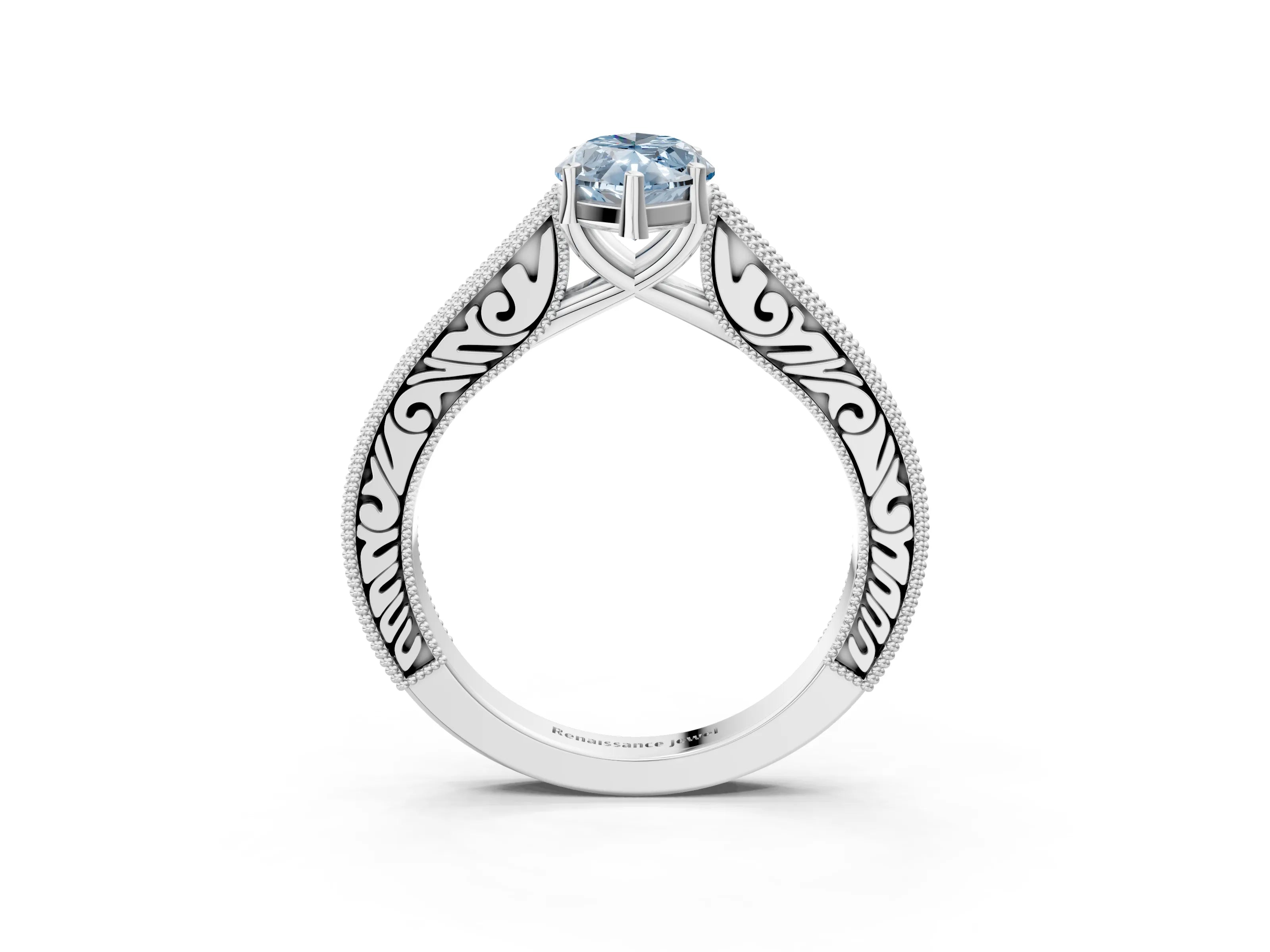 White gold Fancy Blue Marquise Cut Cut Pave Band Milgrain Solitaire Ring_3