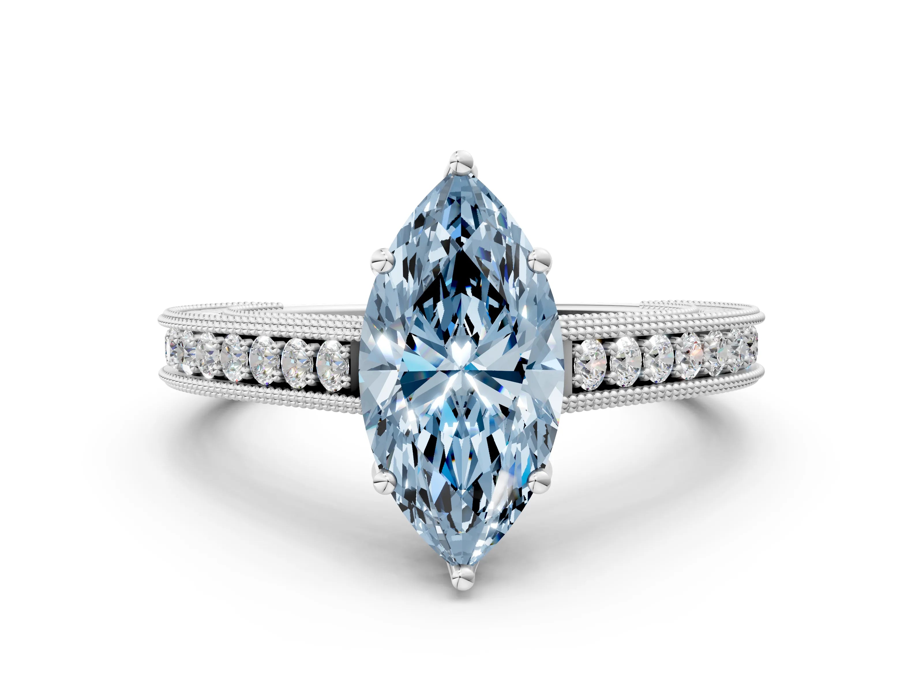 White gold Fancy Blue Marquise Cut Cut Pave Band Milgrain Solitaire Ring_6