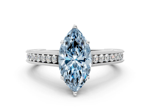 White gold Fancy Blue Marquise Cut Cut Pave Band Milgrain Solitaire Ring
