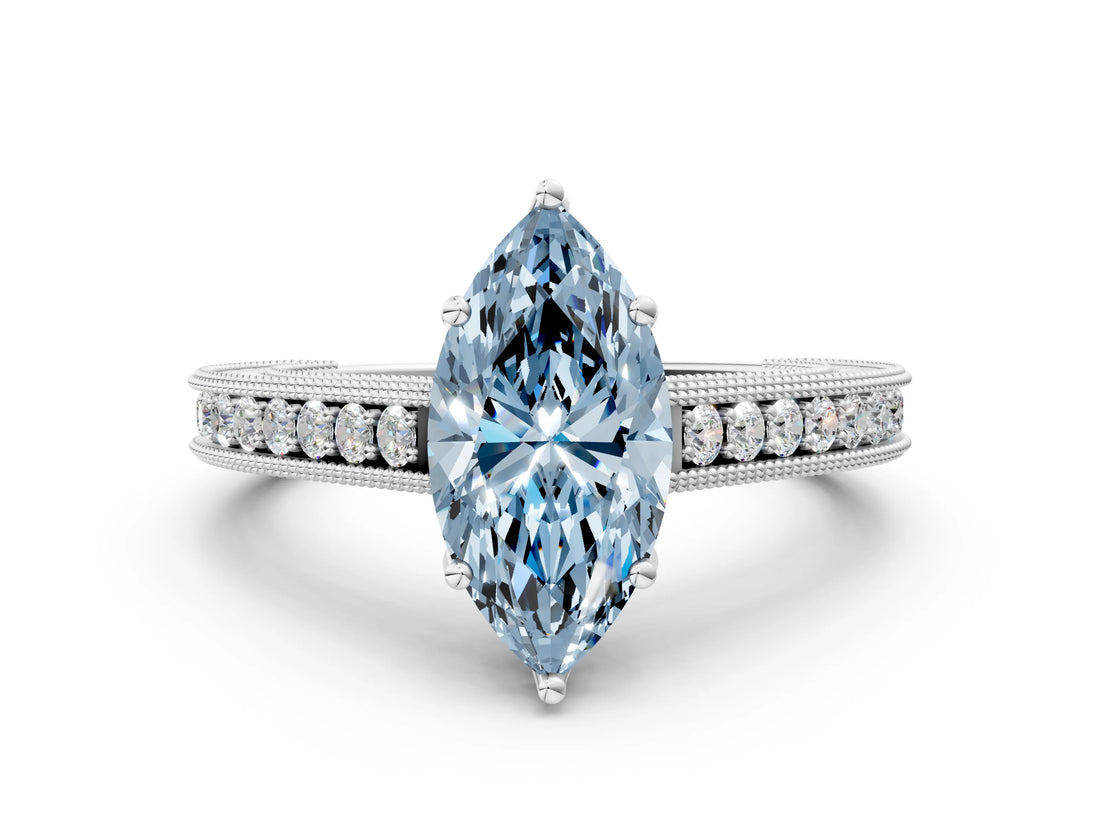 White gold Fancy Blue Marquise Cut Cut Pave Band Milgrain Solitaire Ring_7