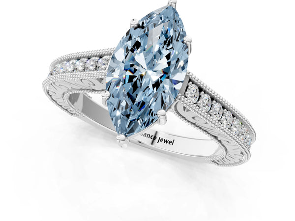 White gold Fancy Blue Marquise Cut Cut Pave Band Milgrain Solitaire Ring