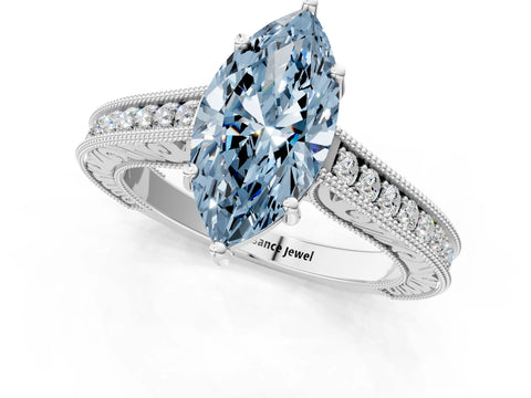 White gold Fancy Blue Marquise Cut Cut Pave Band Milgrain Solitaire Ring_7