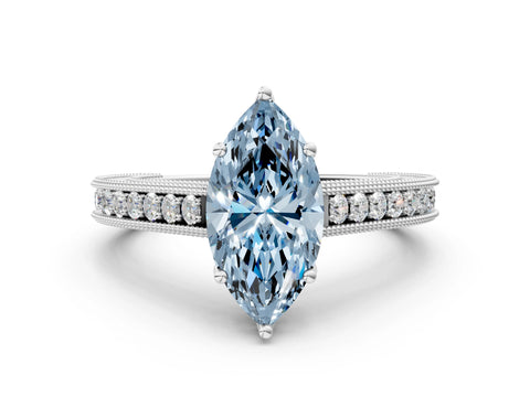 White gold Fancy Blue Marquise Cut Cut Pave Band Milgrain Solitaire Ring_7