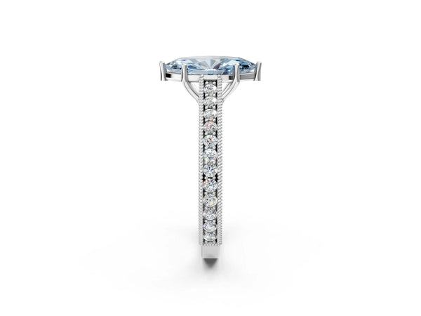 White gold Fancy Blue Marquise Cut Cut Pave Band Milgrain Solitaire Ring