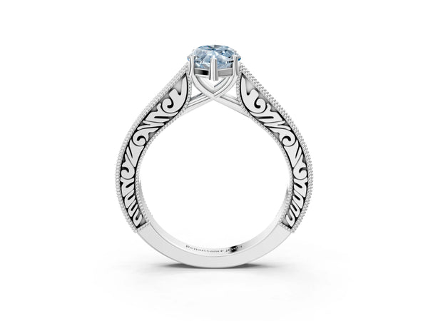 White gold Fancy Blue Marquise Cut Cut Pave Band Milgrain Solitaire Ring