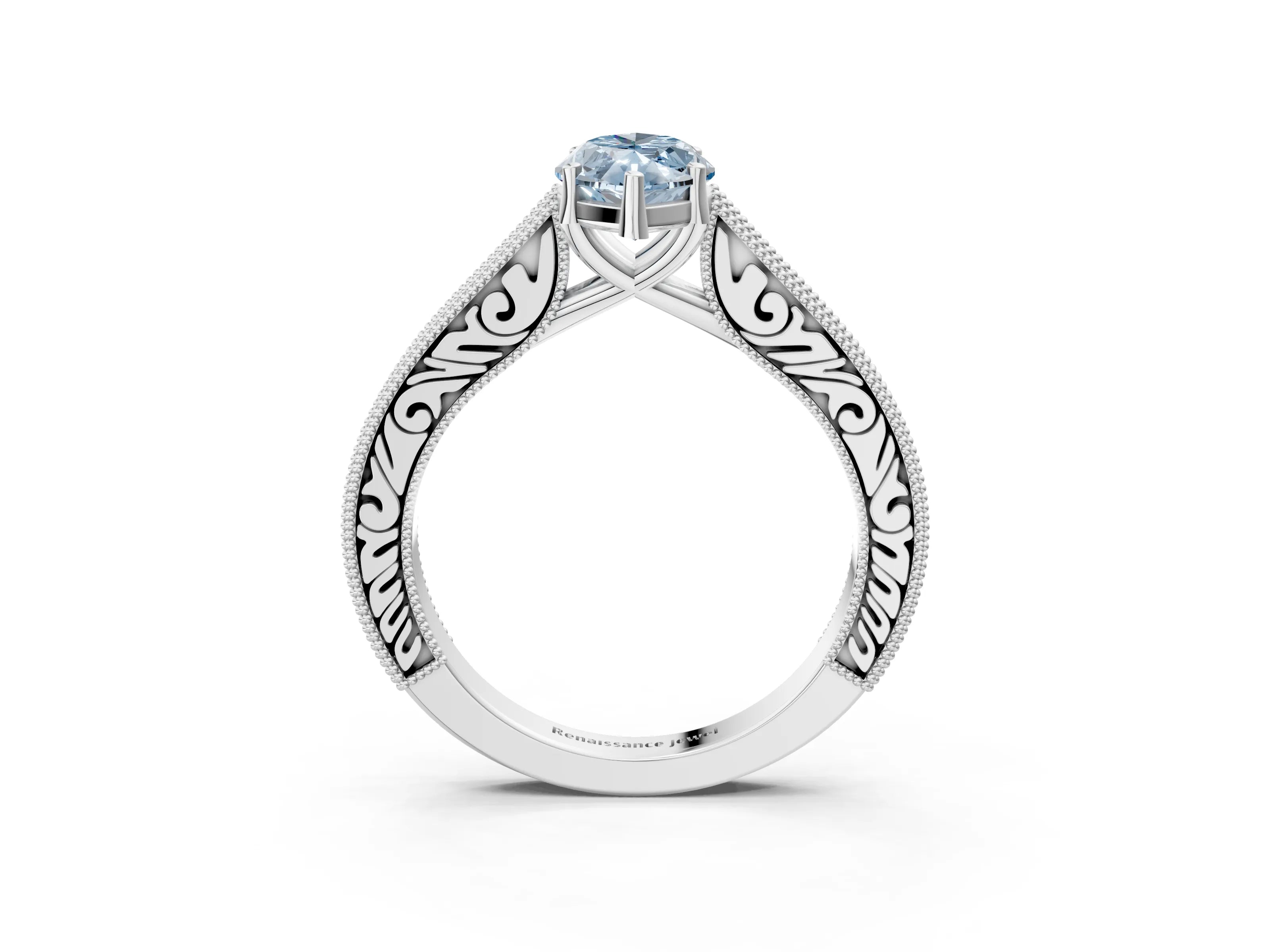 White gold Fancy Blue Marquise Cut Cut Pave Band Milgrain Solitaire Ring_9