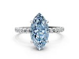 White gold Fancy Blue Marquise Cut Diamond Brilliant Solitaire Ring with Pavé Band and Four-Prong Setting