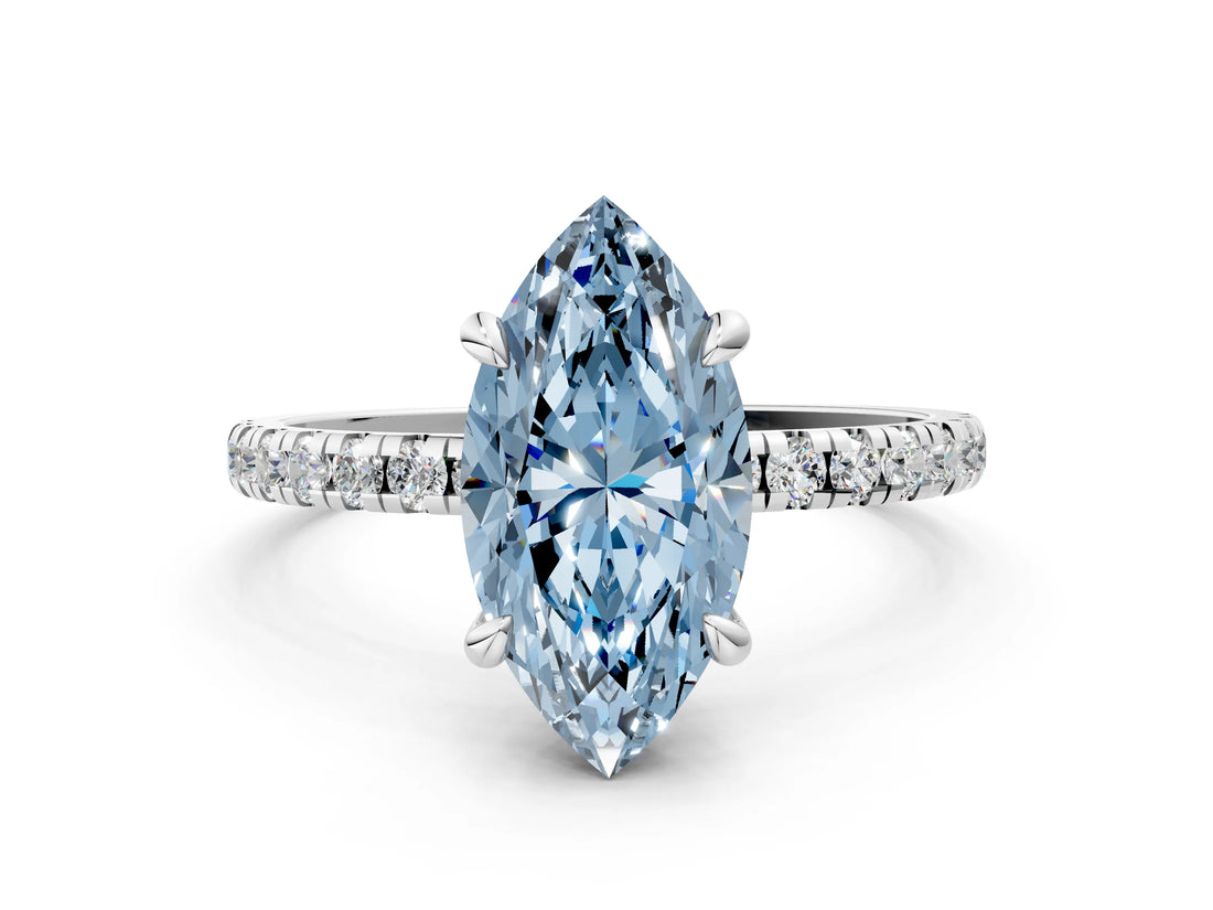 White gold Fancy Blue Marquise Cut Diamond Brilliant Solitaire Ring with Pavé Band and Four-Prong Setting_12