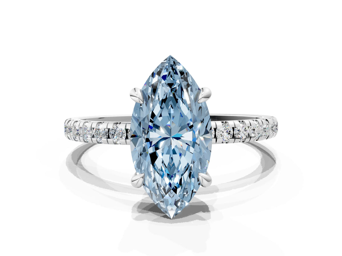 White gold Fancy Blue Marquise Cut Diamond Brilliant Solitaire Ring with Pavé Band and Four-Prong Setting_24