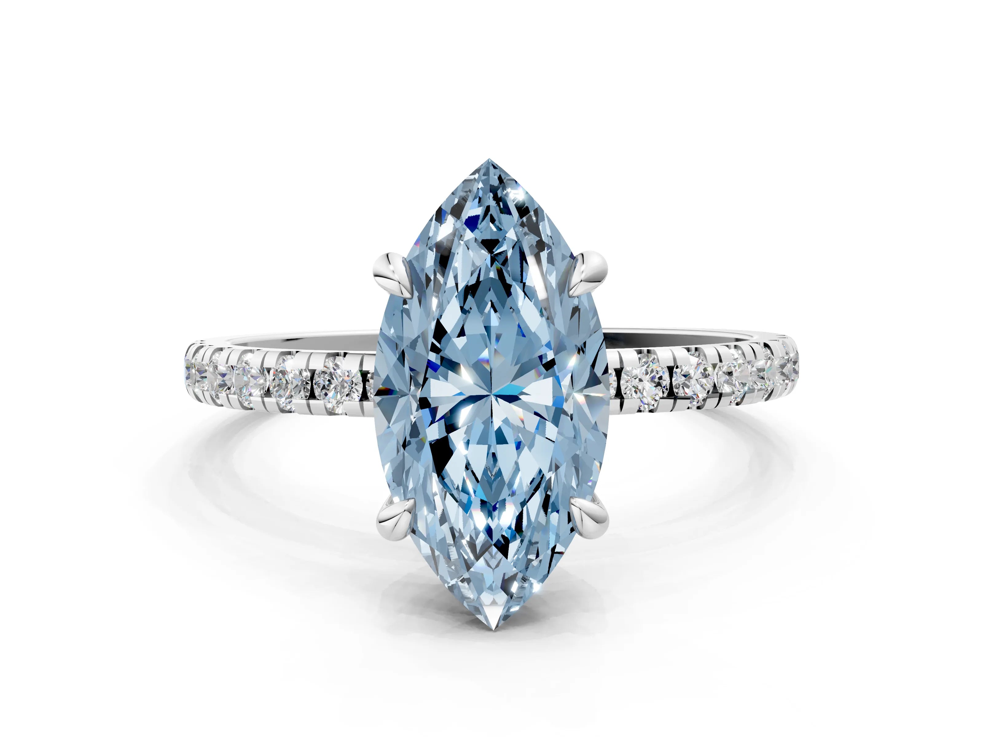White gold Fancy Blue Marquise Cut Diamond Brilliant Solitaire Ring with Pavé Band and Four-Prong Setting