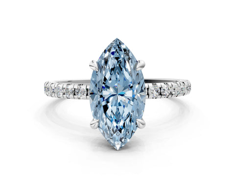 White gold Fancy Blue Marquise Cut Diamond Brilliant Solitaire Ring with Pavé Band and Four-Prong Setting