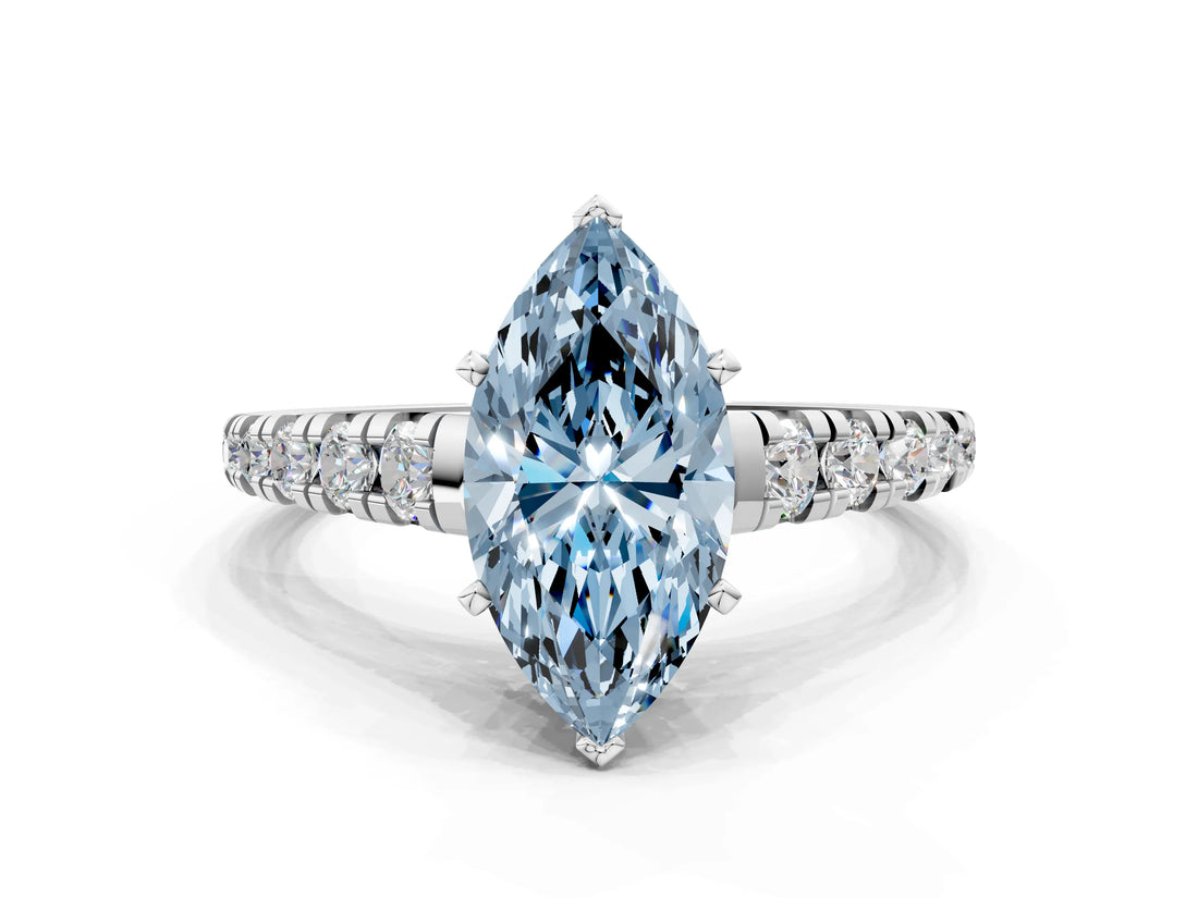 White gold Fancy Blue Marquise Cut Diamond Cathedral Solitaire Ring with Round  Pavé Band_167