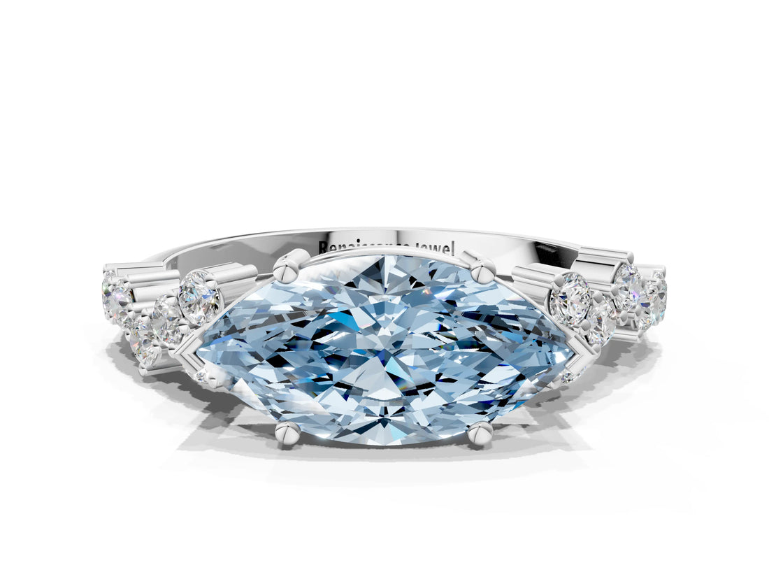 White gold Fancy Blue Marquise Cut Diamond Cluster Pavé Band with Four-Prong Setting_3