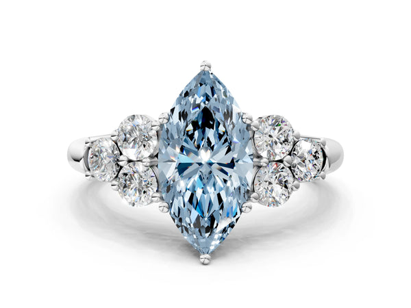 Platinum Fancy Blue Marquise  Cut Diamond Cluster Ring with Round Accent Stones and Prong Setting on a Classic Band