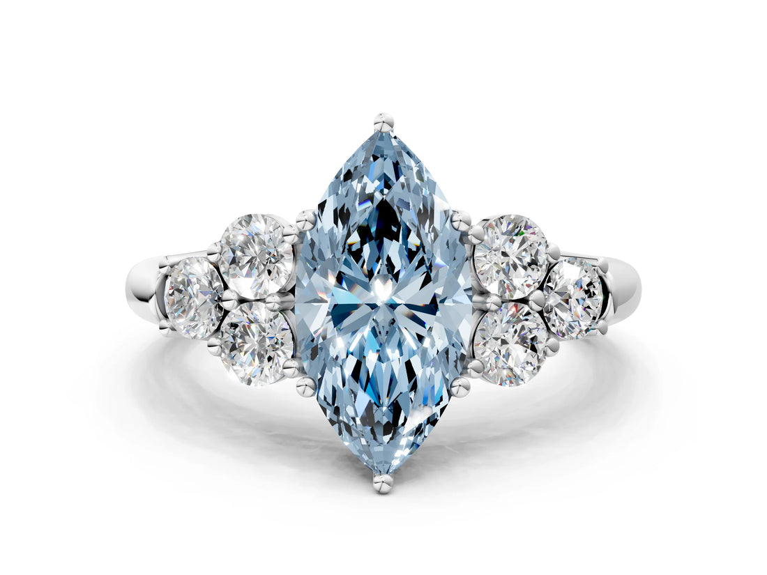 White gold Fancy Blue Marquise  Cut Diamond Cluster Ring with Round Accent Stones and Prong Setting on a Classic Band_49