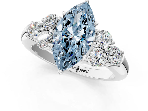 Platinum Fancy Blue Marquise  Cut Diamond Cluster Ring with Round Accent Stones and Prong Setting on a Classic Band