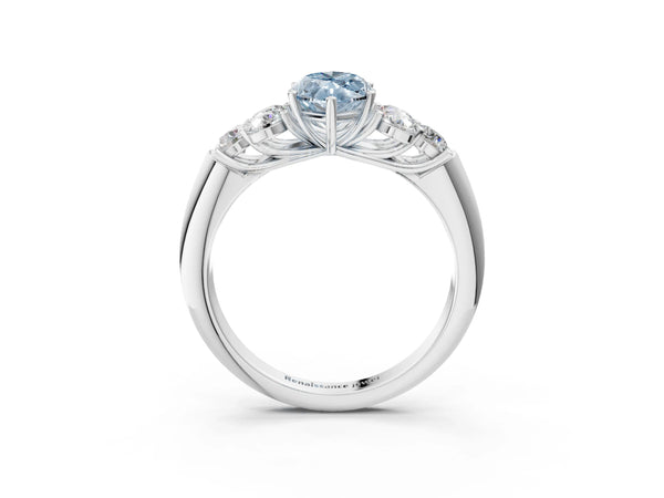 Platinum Fancy Blue Marquise  Cut Diamond Cluster Ring with Round Accent Stones and Prong Setting on a Classic Band
