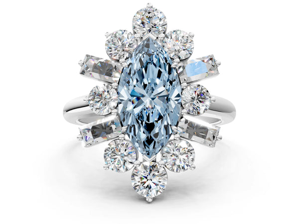 Platinum Fancy Blue Marquise Cut Diamond Cluster Ring with Round and Baguette Stones, Split Shank Band, Prong Setting